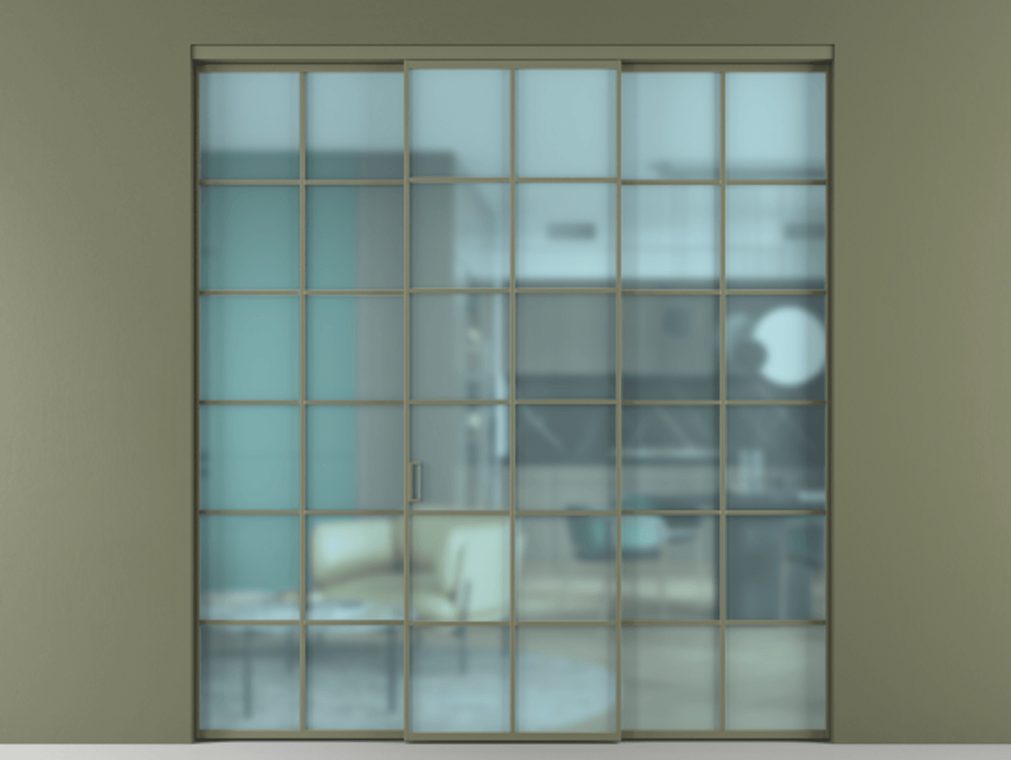 Перегородка Formato внутри проёма 3 створки АЛПР 040.05 Алюминий оливковый тёмный Сатинированное голубое стекло, триплекс Цена 1667700 ₸ | Volhovec