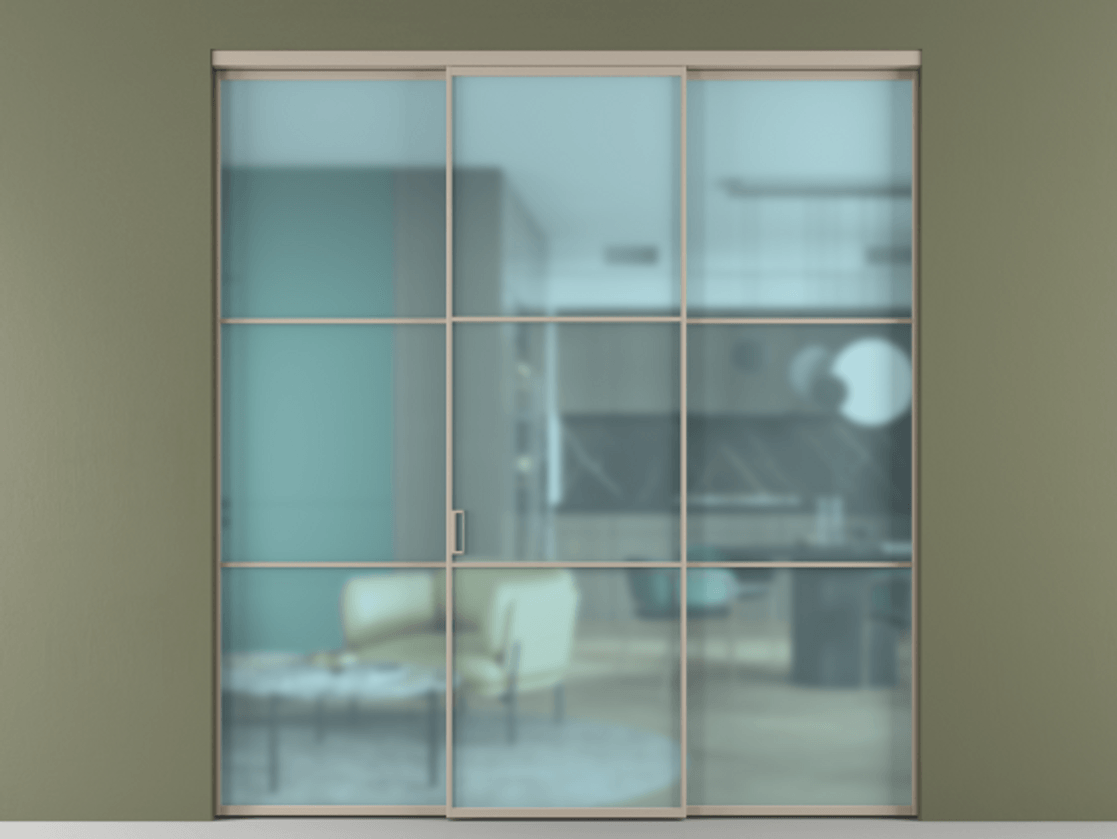 Перегородка Formato внутри проёма 3 створки АЛПР 040.03 Алюминий бисквитный Сатинированное голубое стекло, триплекс Цена 1550900 ₸ | Volhovec