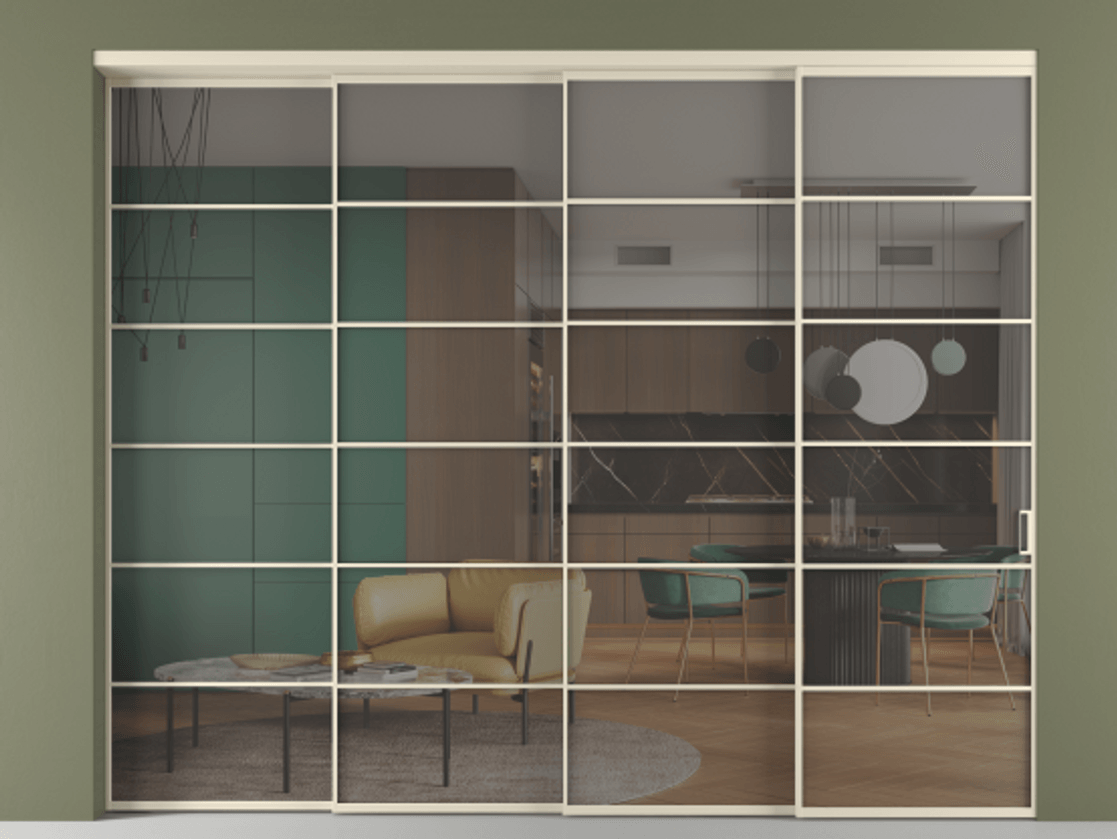 Перегородка Формато внутри проёма 4 створки с синхронным механизмом АЛПР 040.04 Алюминий бежево-серый Прозрачное серое стекло, триплекс. Цена 3569076 ₸ 1. Полотно 4 шт. (800/2100 мм)
2. Комплект установки раздвижной системы
3. Базовый комплект фурнитуры
4. Комплект фурнитуры телескопик синхро-3
5. Ручка Рондо. Фабрика дверей Волховец 8 (800) 551 43 19 Перегородка Формато внутри проёма 4 створки с синхронным механизмом АЛПР 040.04 Алюминий бежево-серый Прозрачное серое стекло, триплекс Цена 3569076 ₸ | Volhovec