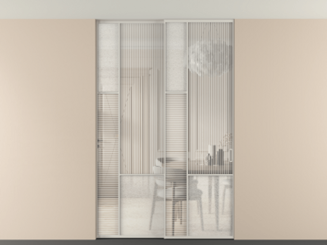 Перегородка Mosaic внутри проёма скрытое крепление в потолок 2 створки АЛПР 041.13 Алюминий тёплый серый Рифлёное стекло "Дюна", триплекс, 6 мм + Фактурное стекло "Лёд", триплекс. Цена 2574785 ₸ . Фабрика дверей Волховец 8 (800) 551 43 19 Перегородка Mosaic внутри проёма скрытое крепление в потолок 2 створки АЛПР 041.13 Алюминий тёплый серый Рифлёное стекло "Дюна", триплекс, 6 мм + Фактурное стекло "Лёд", триплекс Цена 2574785 ₸ | Volhovec