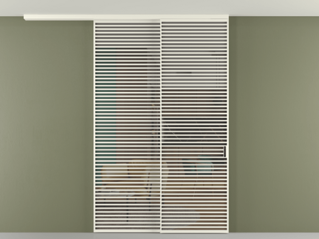 Перегородка Формато вдоль стены на потолок 2 створки с синхронным механизмом АЛПР 040.07 Алюминий жемчужный Прозрачное серое стекло, триплекс Цена 3405447 ₸ | Volhovec