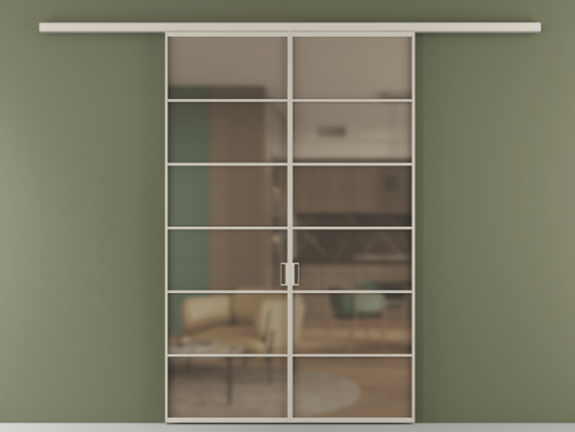 Перегородка Формато вдоль стены 2 створки АЛПР 040.04 Алюминий светло-бежевый Сатинированное бронзовое стекло, триплекс Цена 1566054 ₸ | Volhovec