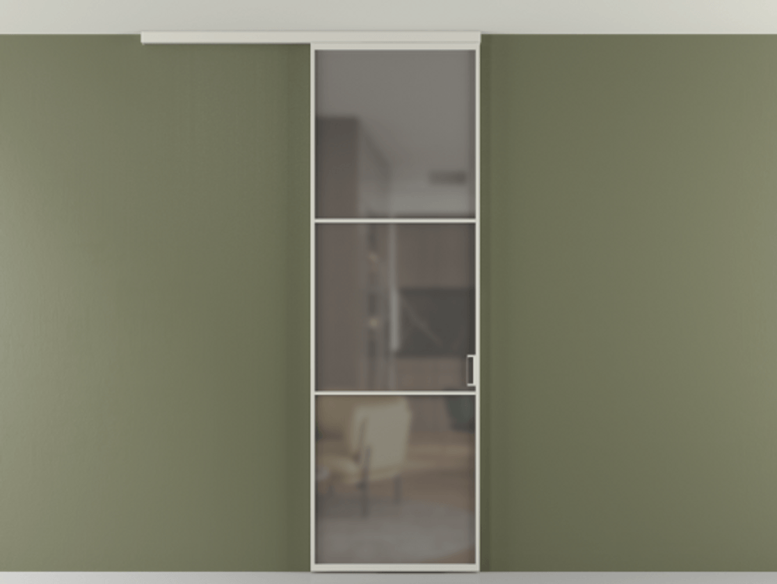 Перегородка Формато вдоль стены на потолок 1 створка АЛПР 040.03 Алюминий тёплый серый Сатинированное серое стекло, триплекс Цена 732246 ₸ | Volhovec