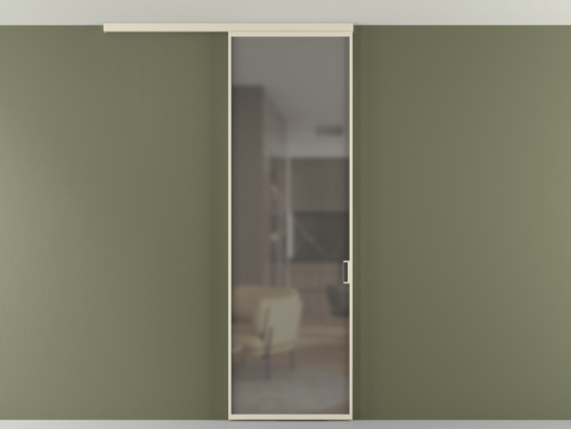 Перегородка Формато вдоль стены на потолок 1 створка АЛПР 040.01 Алюминий бежево-серый Сатинированное серое стекло, триплекс Цена 698567 ₸ | Volhovec