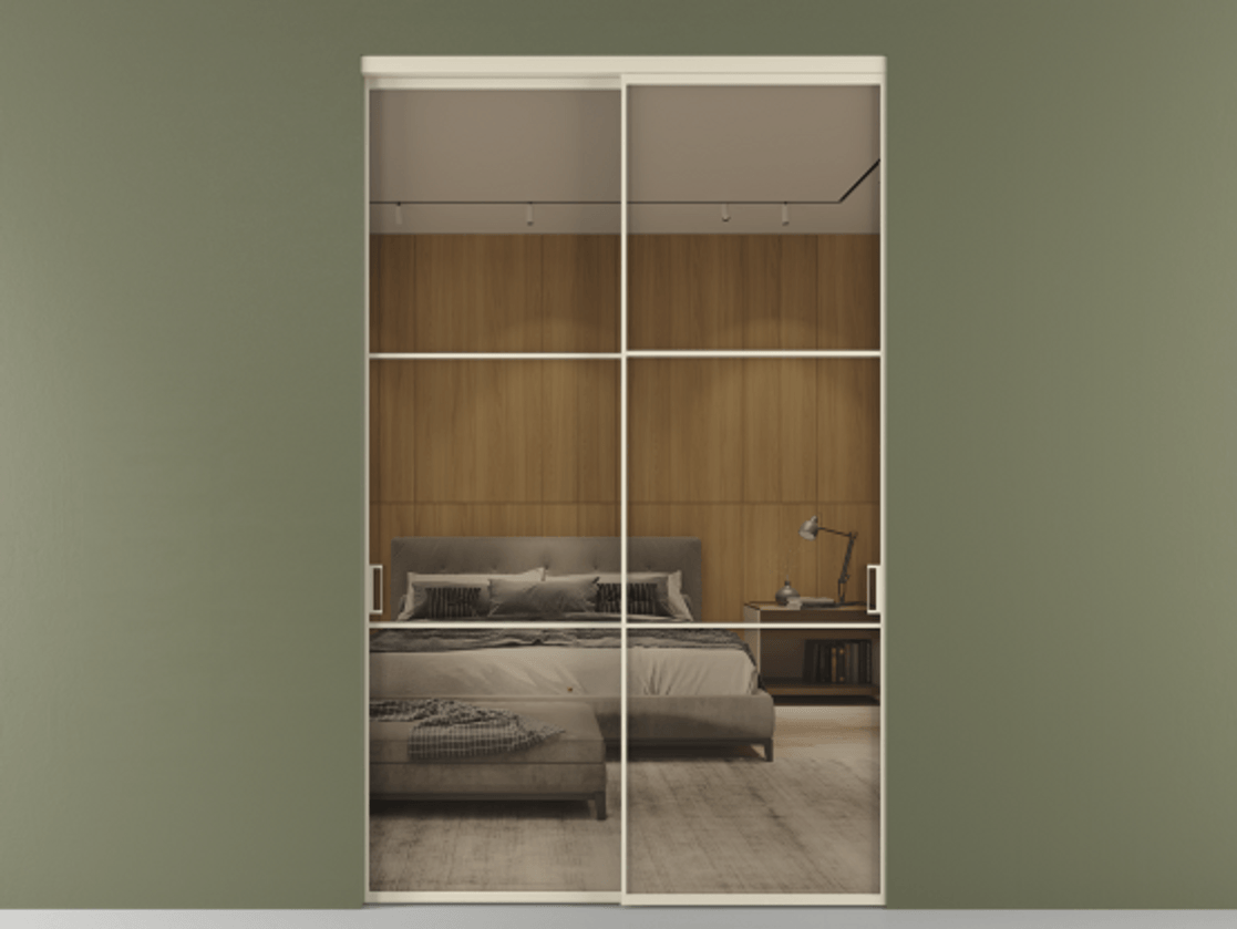 Перегородка Формато внутри проёма 2 створки АЛПР 040.03 Алюминий бежево-серый Рефлективное бронзовое стекло "Стопсол", калёное Цена 3615948 ₸  | Volhovec