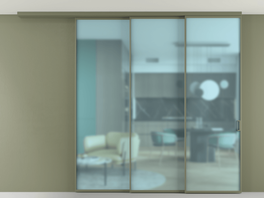 Перегородка Formato вдоль стены на потолок 3 створки с синхронным механизмом АЛПР 040.01 Алюминий оливковый тёмный Сатинированное голубое стекло, триплекс Цена 2384400 ₸ | Volhovec