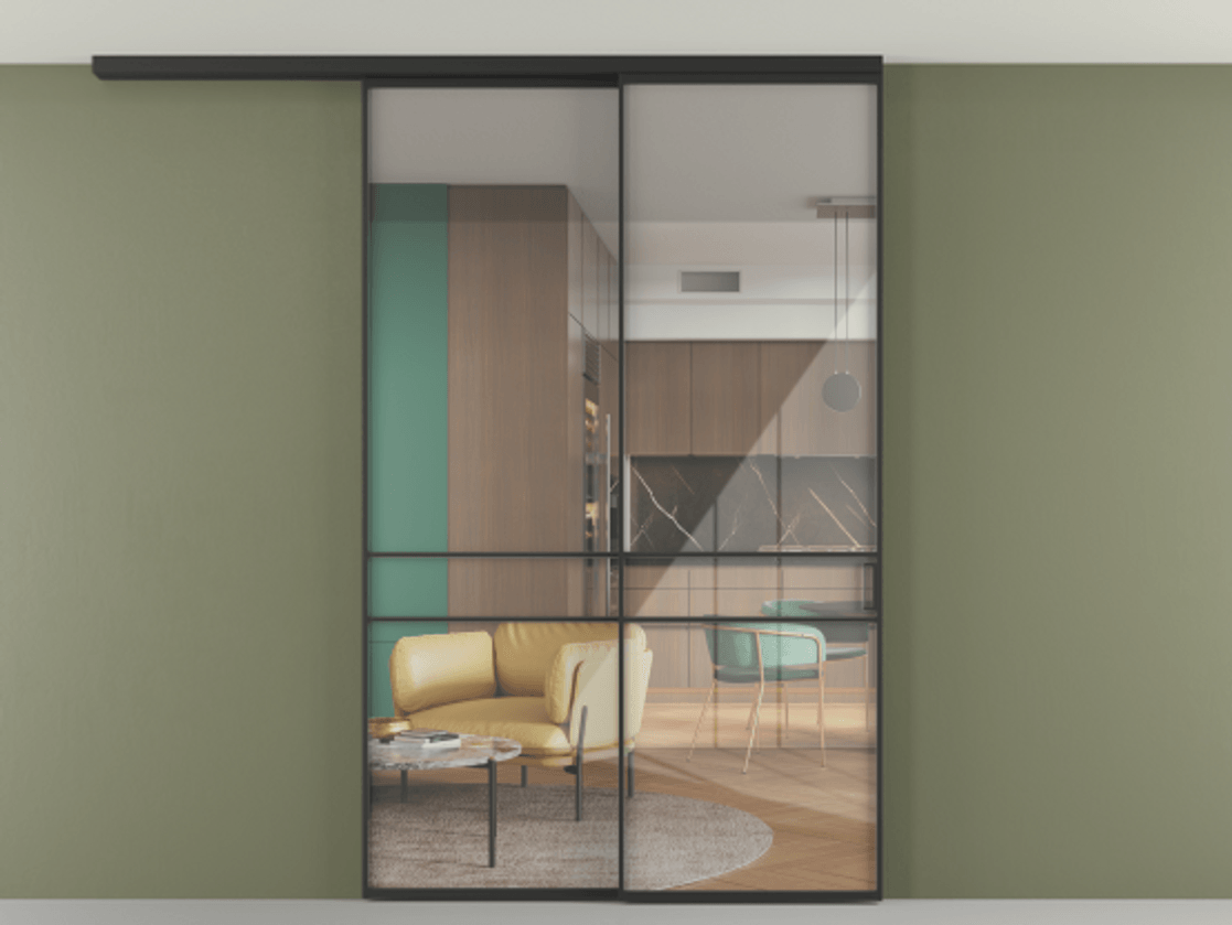 Перегородка Формато вдоль стены на потолок 2 створки с синхронным механизмом АЛПР 040.02 Алюминий Черный Рефлективное прозрачное стекло "Стопсол", калёное Цена 2097446 ₸ | Volhovec