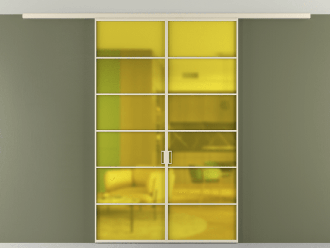 Перегородка Formato вдоль стены на потолок 2 створки АЛПР 040.04 Алюминий бежево-серый Сатинированное жёлтое стекло, триплекс Цена 1529300 ₸ | Volhovec