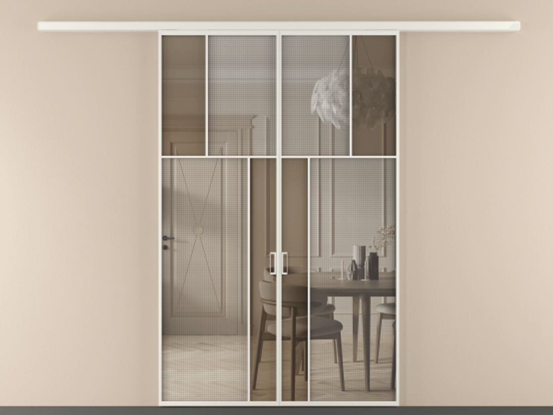 Перегородка Mosaic вдоль стены двустворчатая АЛПР 041.22 Алюминий Белый Mesh silver + Бронза прозрачное триплекс Цена 1569730 ₸ | Volhovec