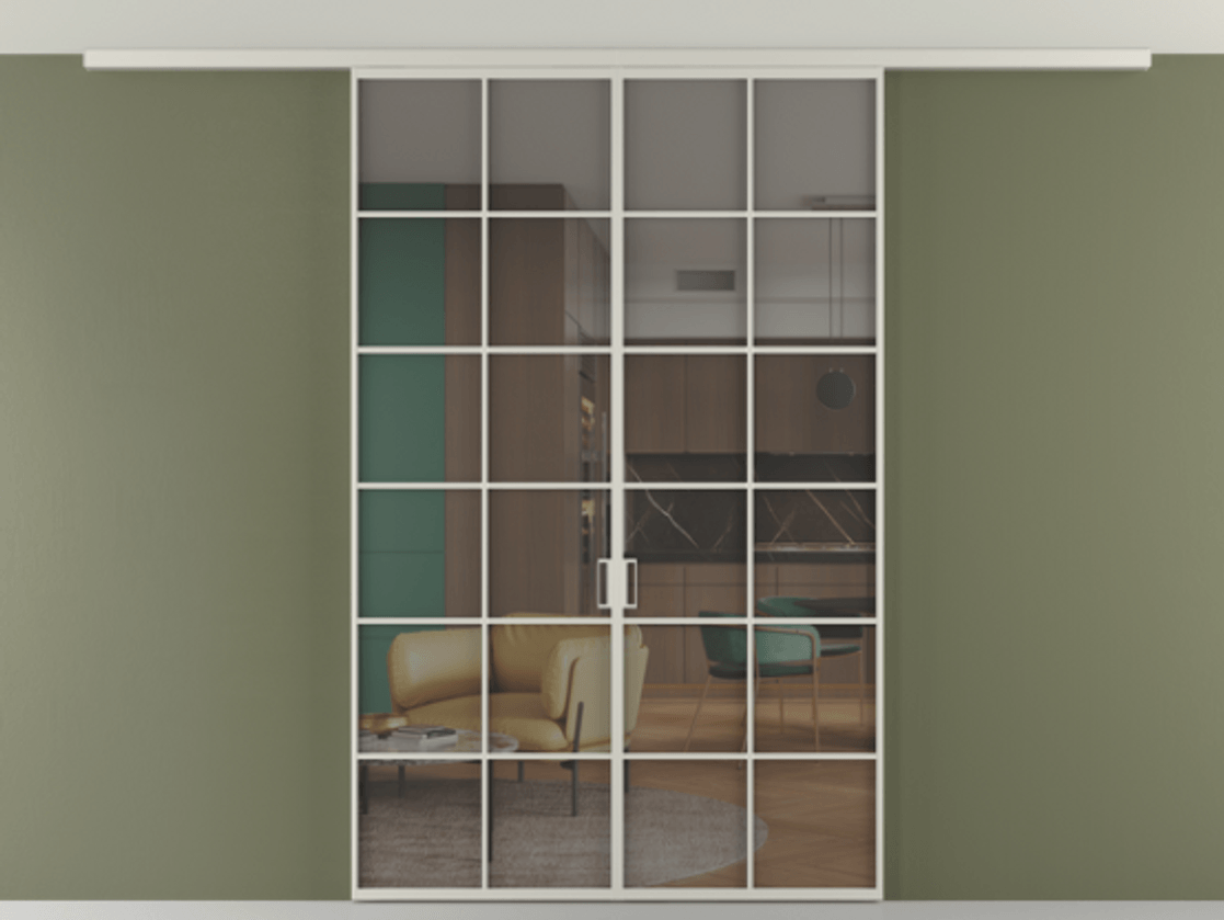 Перегородка Формато вдоль стены на потолок 2 створки АЛПР 040.05 Алюминий тёплый серый Прозрачное серое стекло, триплекс Цена 1577046 ₸ | Volhovec