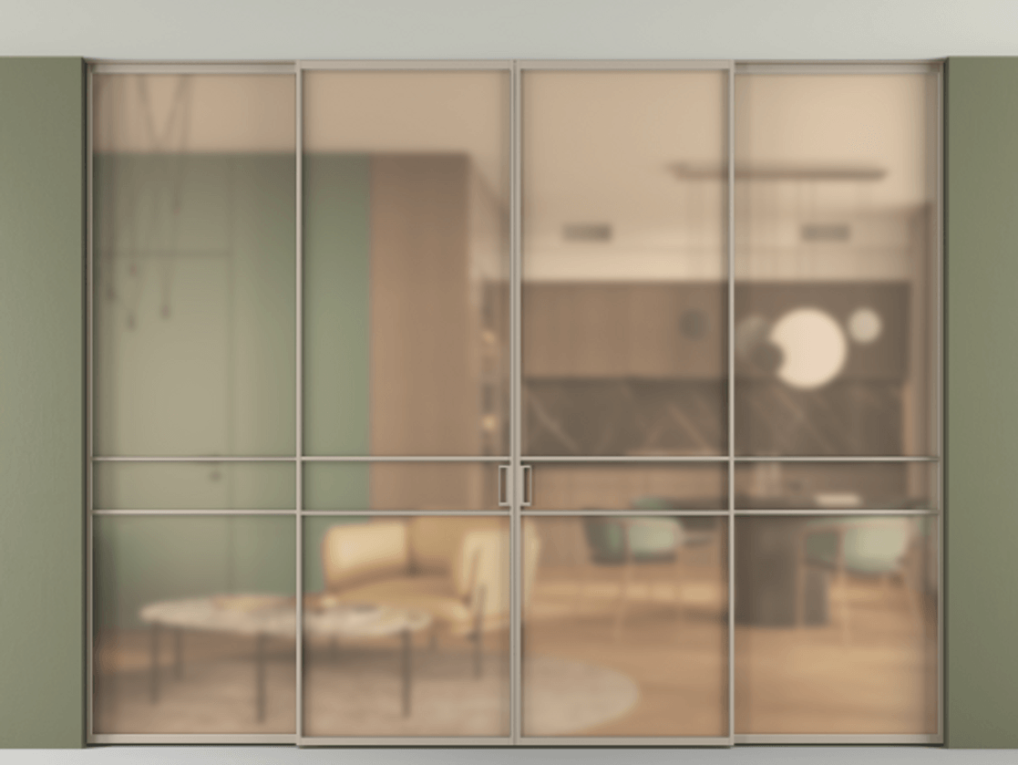 Перегородка Formato внутри проёма скрытое крепление в потолок 4 створки АЛПР 040.02 Алюминий бисквитный Сатинированное оранжевое стекло, триплекс Цена 2852000 ₸ | Volhovec