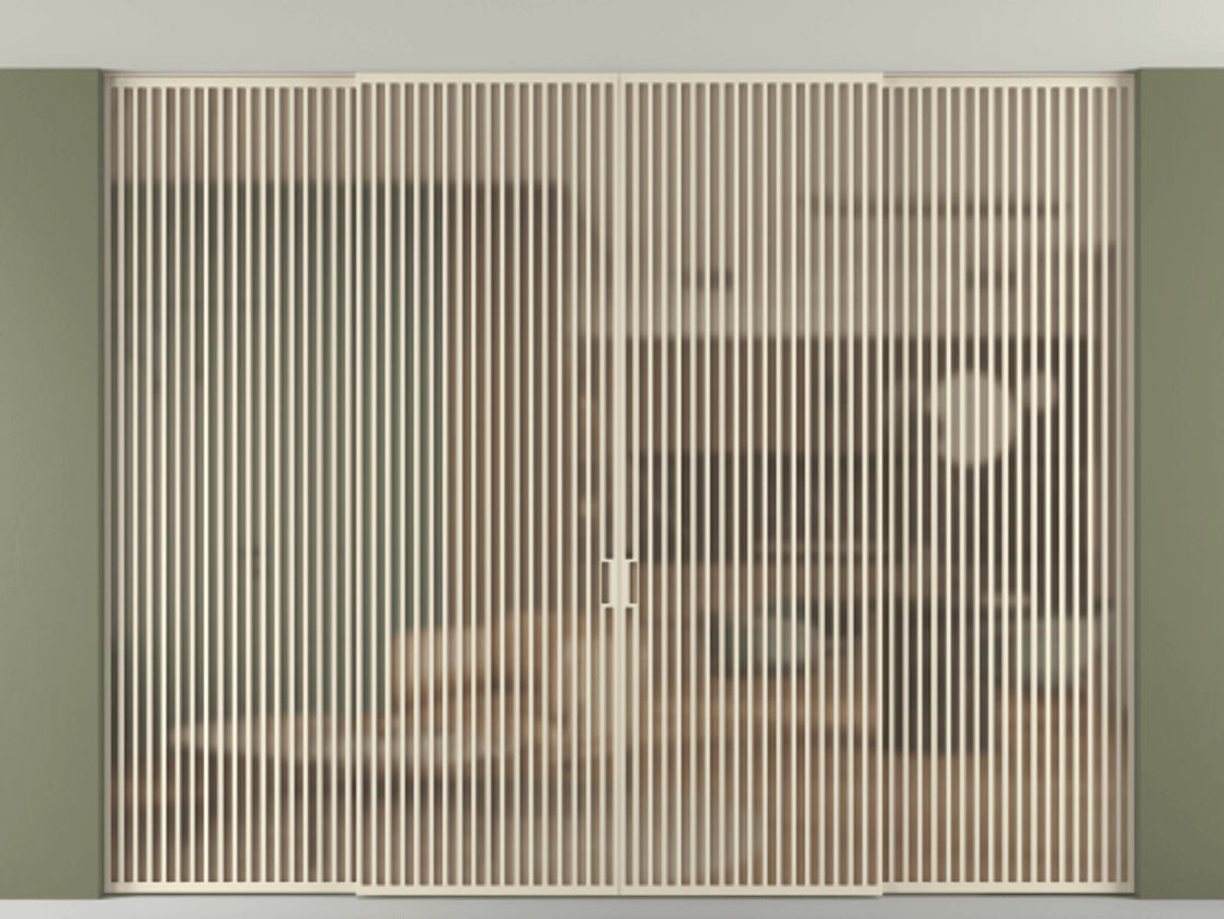 Перегородка Формато внутри проёма скрытое крепление в потолок 4 створки АЛПР 040.06 Алюминий бежево-серый Сатинированное оранжевое стекло, триплекс Цена 6063211 ₸ | Volhovec