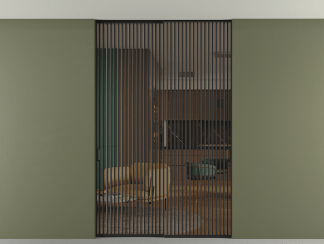 Перегородка Formato внутри проёма скрытое крепление в потолок 2 створки АЛПР 040.06 Алюминий Черный Прозрачное бронзовое стекло, триплекс Цена 2995423 ₸ | Volhovec