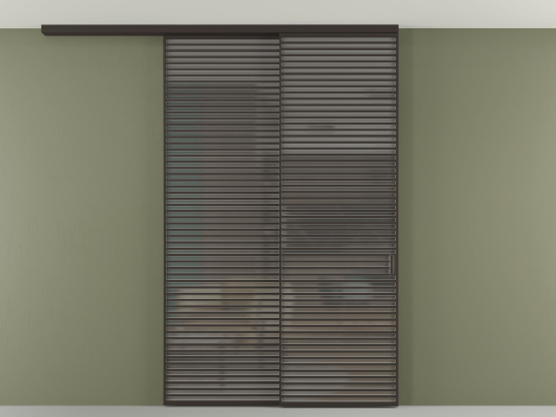 Перегородка Формато вдоль стены на потолок 2 створки с синхронным механизмом АЛПР 040.07 Алюминий антрацит Сатинированное серое стекло, триплекс Цена 3405447 ₸ | Volhovec