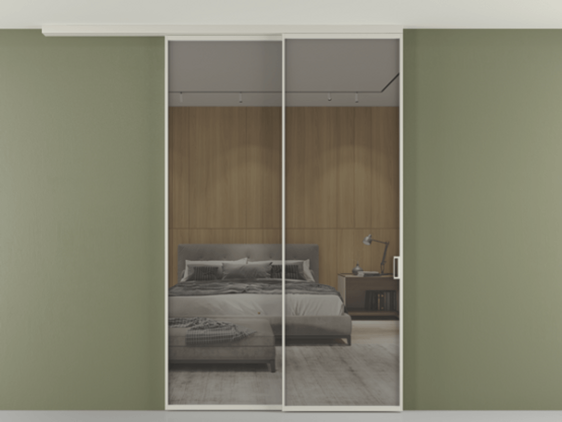 Перегородка Формато вдоль стены на потолок 2 створки с синхронным механизмом АЛПР 040.01 Алюминий тёплый серый Рефлективное серое стекло "Стопсол", калёное Цена 2126416 ₸ | Volhovec