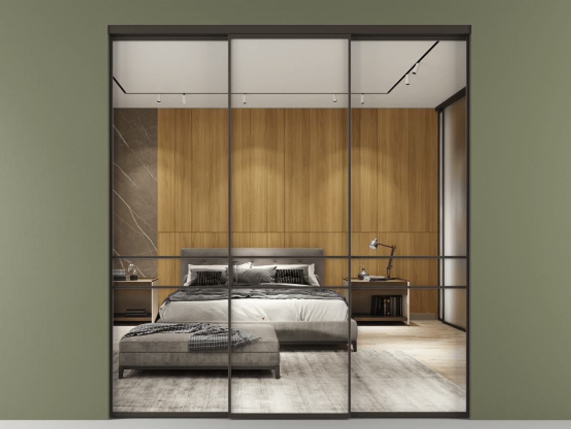 Перегородка Formato внутри проёма 3 створки АЛПР 040.02 Алюминий антрацит Двустороннее зеркало, триплекс , триплекс 6 мм Цена 1550890 ₸ | Volhovec