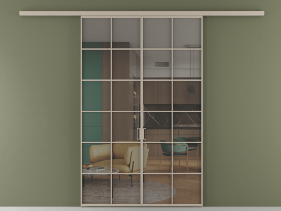 Перегородка Формато вдоль стены 2 створки АЛПР 040.05 Алюминий бисквитный Прозрачное серое стекло, триплекс Цена 1566054 ₸ | Volhovec