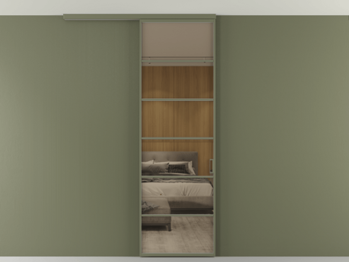 Перегородка Формато вдоль стены на потолок 1 створка АЛПР 040.04 Алюминий оливковый тёмный Рефлективное бронзовое стекло "Стопсол", калёное Цена 863745 ₸ | Volhovec