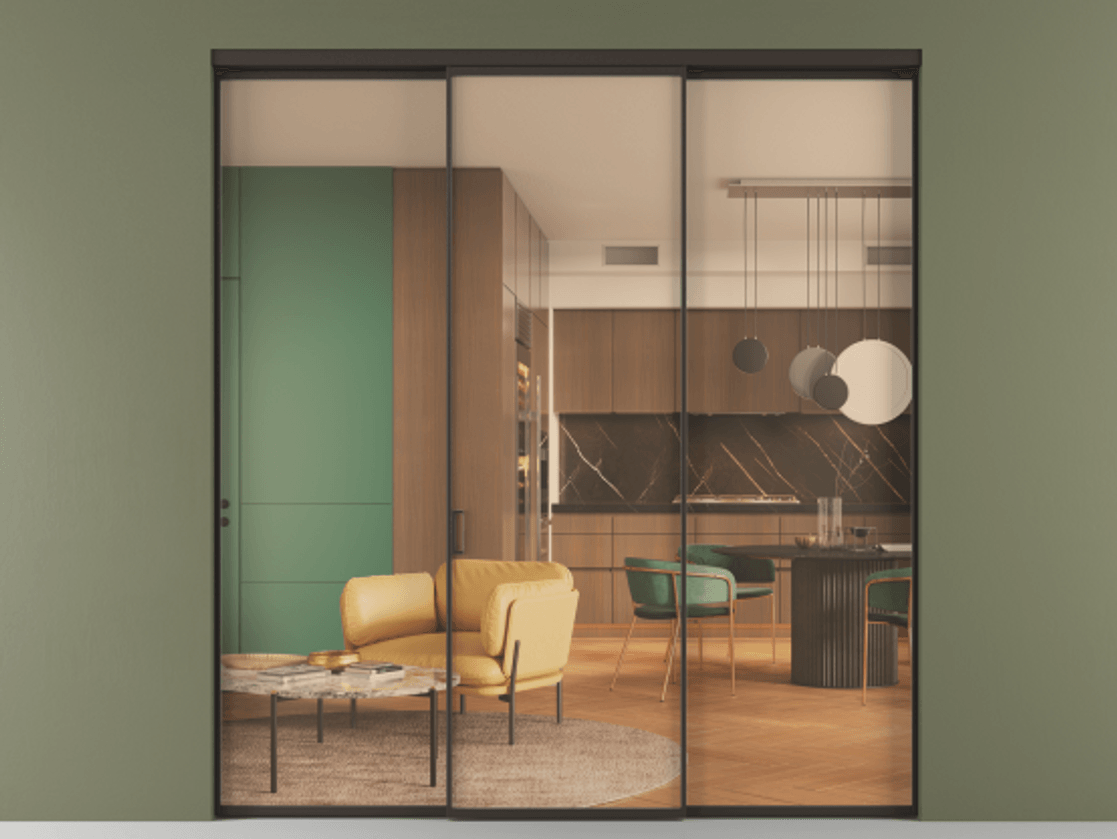 Перегородка Formato внутри проёма 3 створки АЛПР 040.01 Алюминий антрацит Прозрачное оранжевое стекло, триплекс Цена 1470000 ₸ | Volhovec