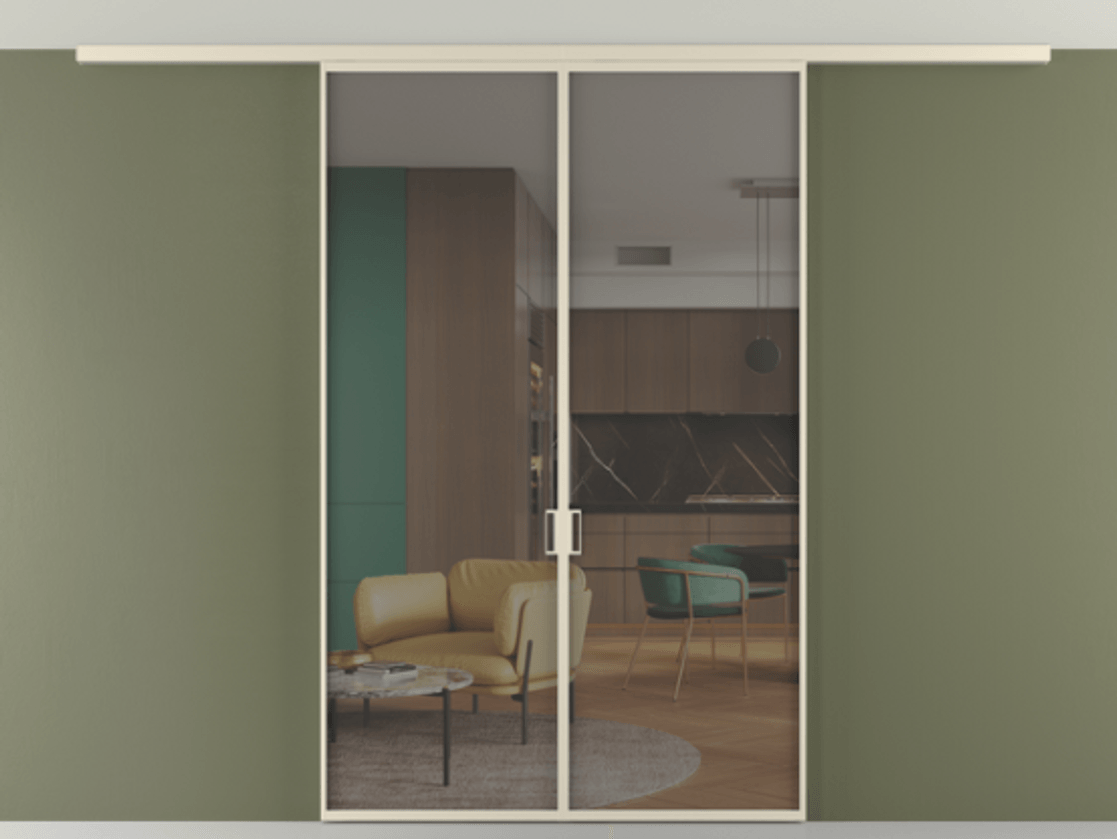 Перегородка Формато вдоль стены на потолок 2 створки АЛПР 040.01 Алюминий бежево-серый Прозрачное серое стекло, триплекс Цена 1401412 ₸ | Volhovec