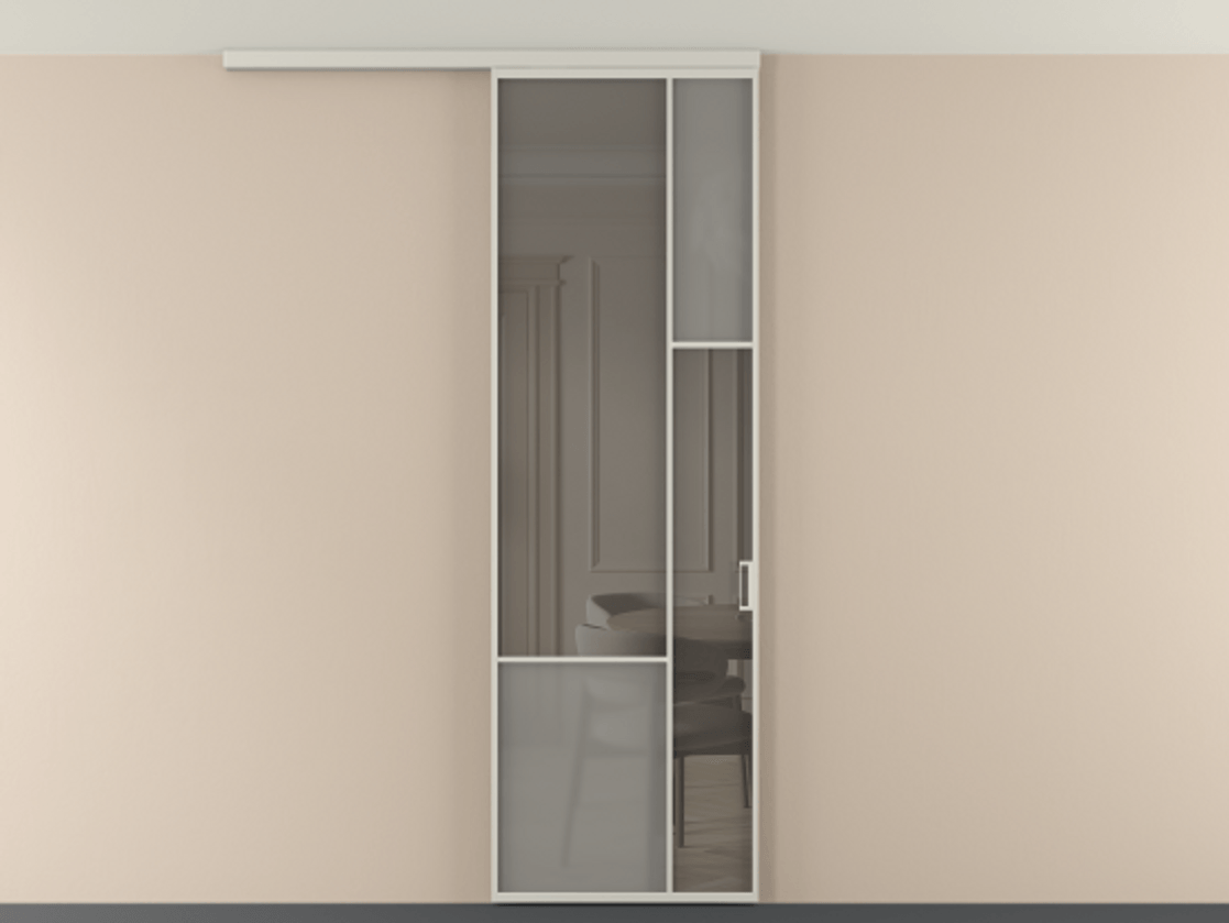 Перегородка Мозаик вдоль стены на потолок 1 створка АЛПР 041.12 Алюминий тёплый серый Сатинированное серое стекло, триплекс, 6 мм + Прозрачное серое стекло, триплекс Цена 1020902 ₸ | Volhovec