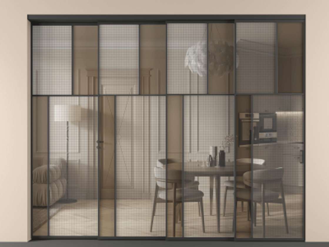 Перегородка Mosaic внутри проема телескопик синхро-4 АЛПР 041.22 Алюминий Черный Mesh silver + Бронза прозрачное триплекс Цена 3385320 ₸ | Volhovec