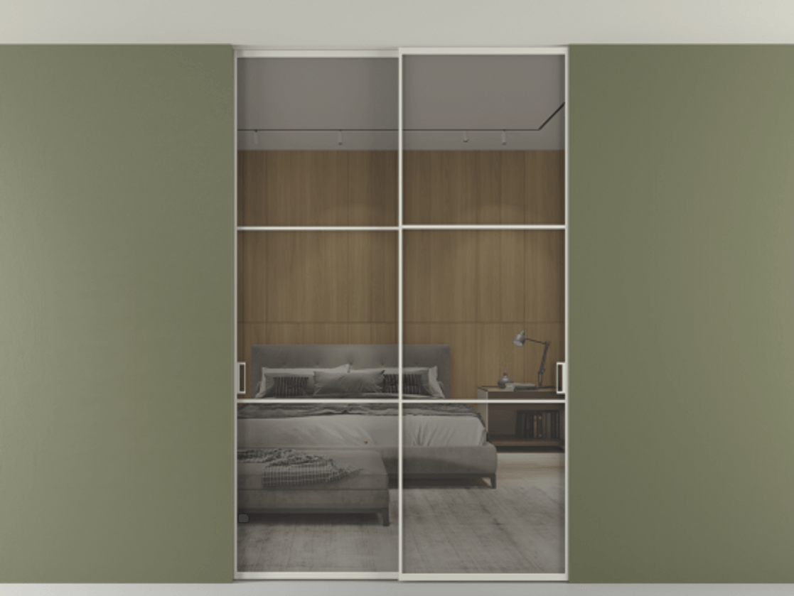 Перегородка Формато внутри проёма скрытое крепление в потолок 2 створки АЛПР 040.03 Алюминий тёплый серый Рефлективное серое стекло "Стопсол", калёное Цена 2309731 ₸ | Volhovec