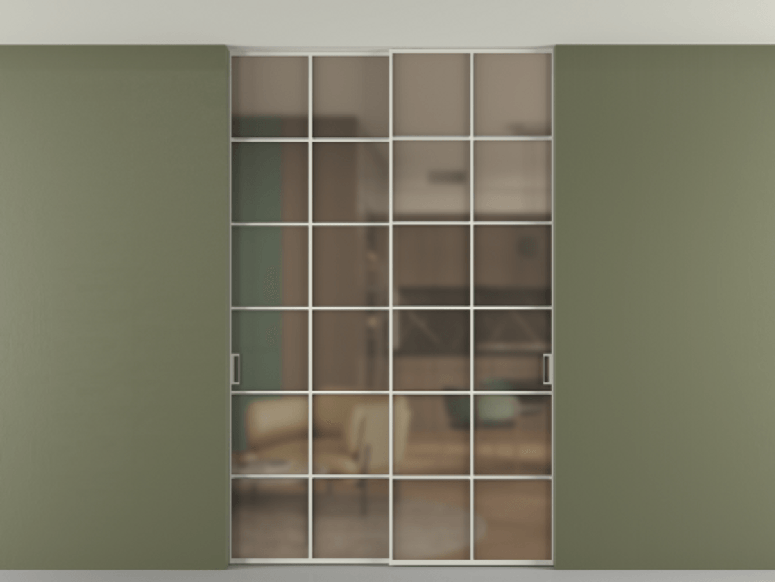 Перегородка Formato внутри проёма скрытое крепление в потолок 2 створки АЛПР 040.05 Алюминий Белый Сатинированное бронзовое стекло, триплекс Цена 1923907 ₸ | Volhovec