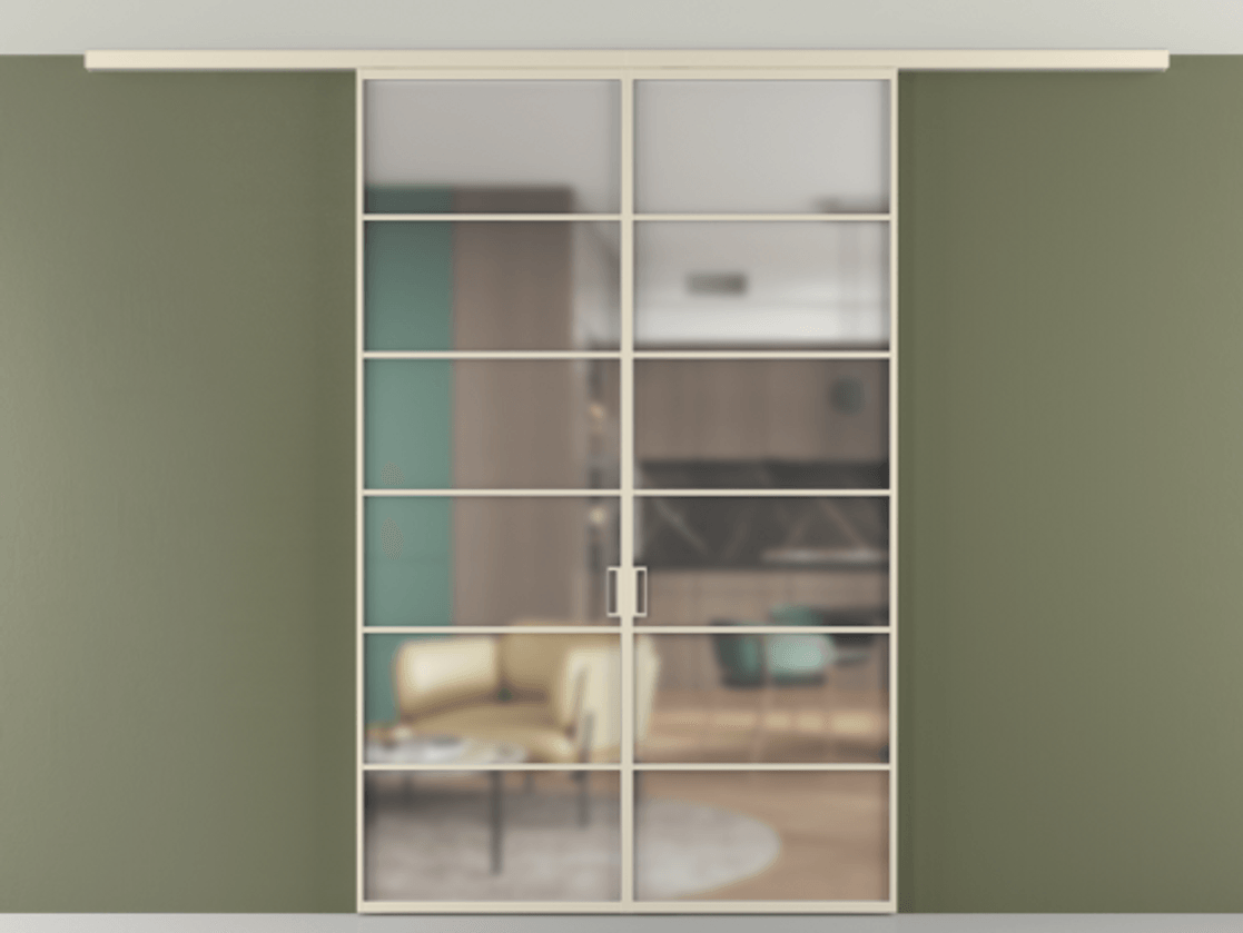 Перегородка Формато вдоль стены на потолок 2 створки АЛПР 040.04 Алюминий бежево-серый Сатинированное стекло "Мателюкс Кристал Вижн", калёное, матовое, каленое 6 мм Цена 1973765 ₸ | Volhovec