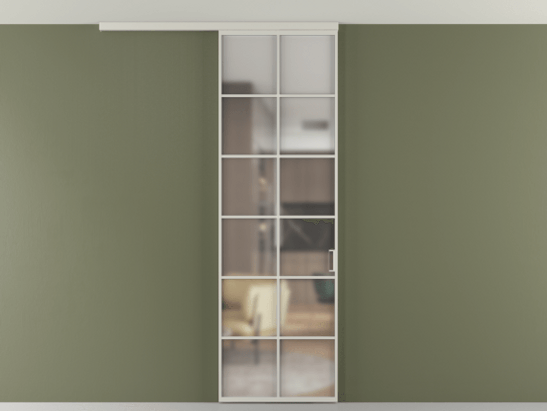 Перегородка Формато вдоль стены на потолок 1 створка АЛПР 040.05 Алюминий тёплый серый Сатинированное стекло "Мателюкс Кристал Вижн", калёное, матовое, каленое 6 мм Цена 1013720 ₸ | Volhovec