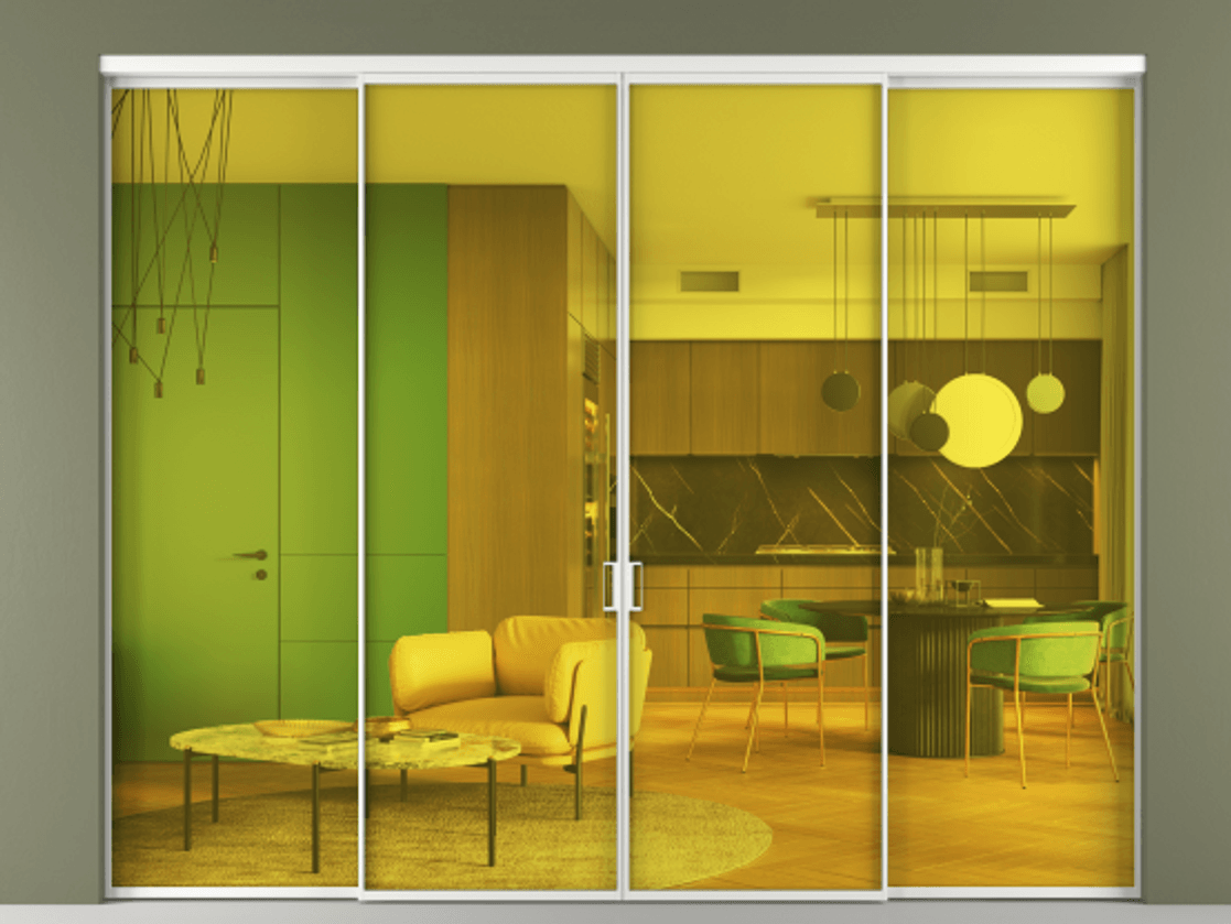 Перегородка Формато внутри проёма 4 створки АЛПР 040.01 Алюминий белоснежный Прозрачное жёлтое стекло, триплекс Цена 2417990 ₸  | Volhovec