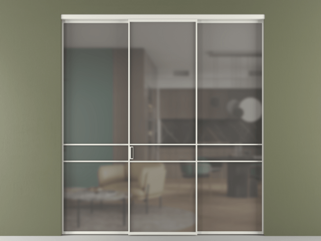 Перегородка Formato внутри проёма 3 створки АЛПР 040.02 Алюминий серый Сатинированное серое стекло, триплекс Цена 1550890 ₸ | Volhovec