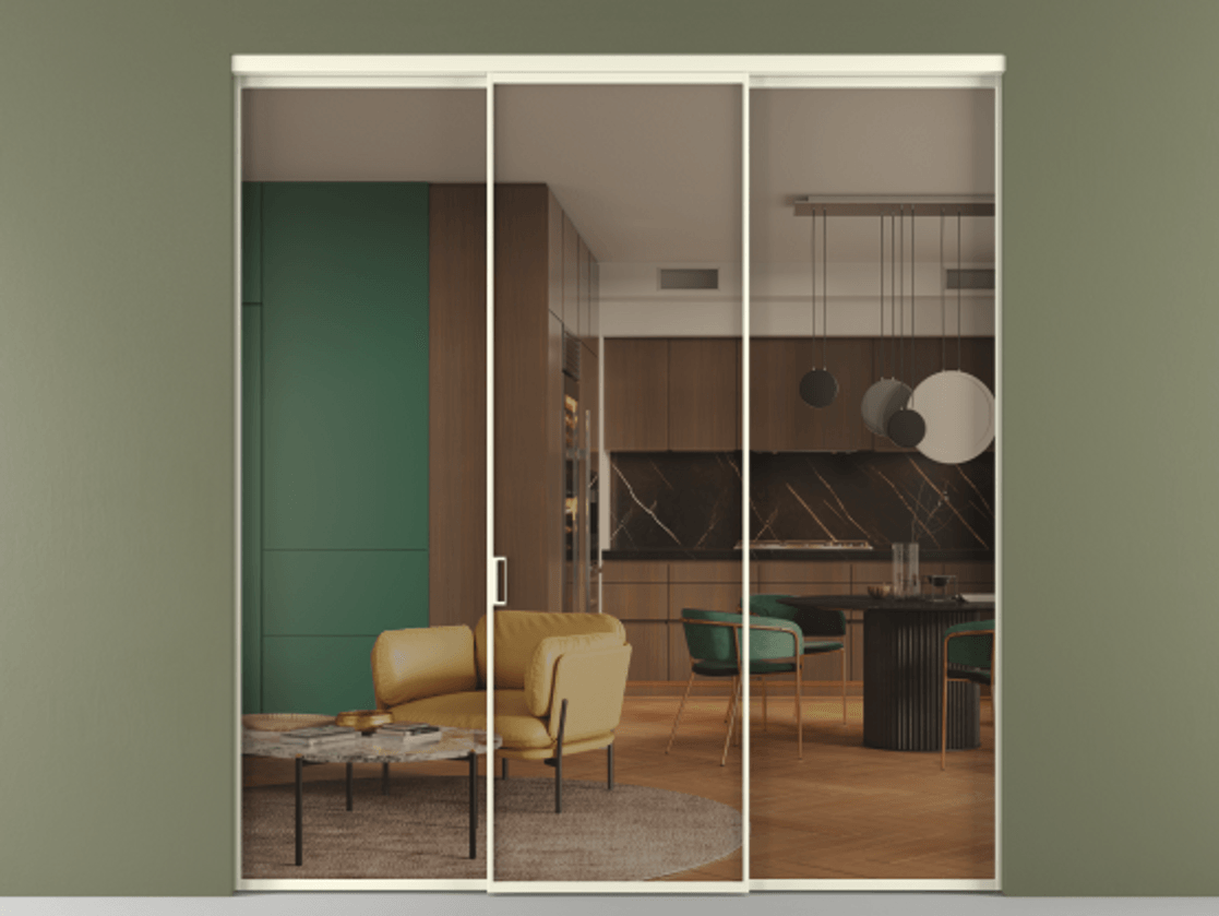 Перегородка Formato внутри проёма 3 створки АЛПР 040.01 Алюминий молочно-белый Прозрачное бронзовое стекло, триплекс Цена 1470020 ₸ | Volhovec