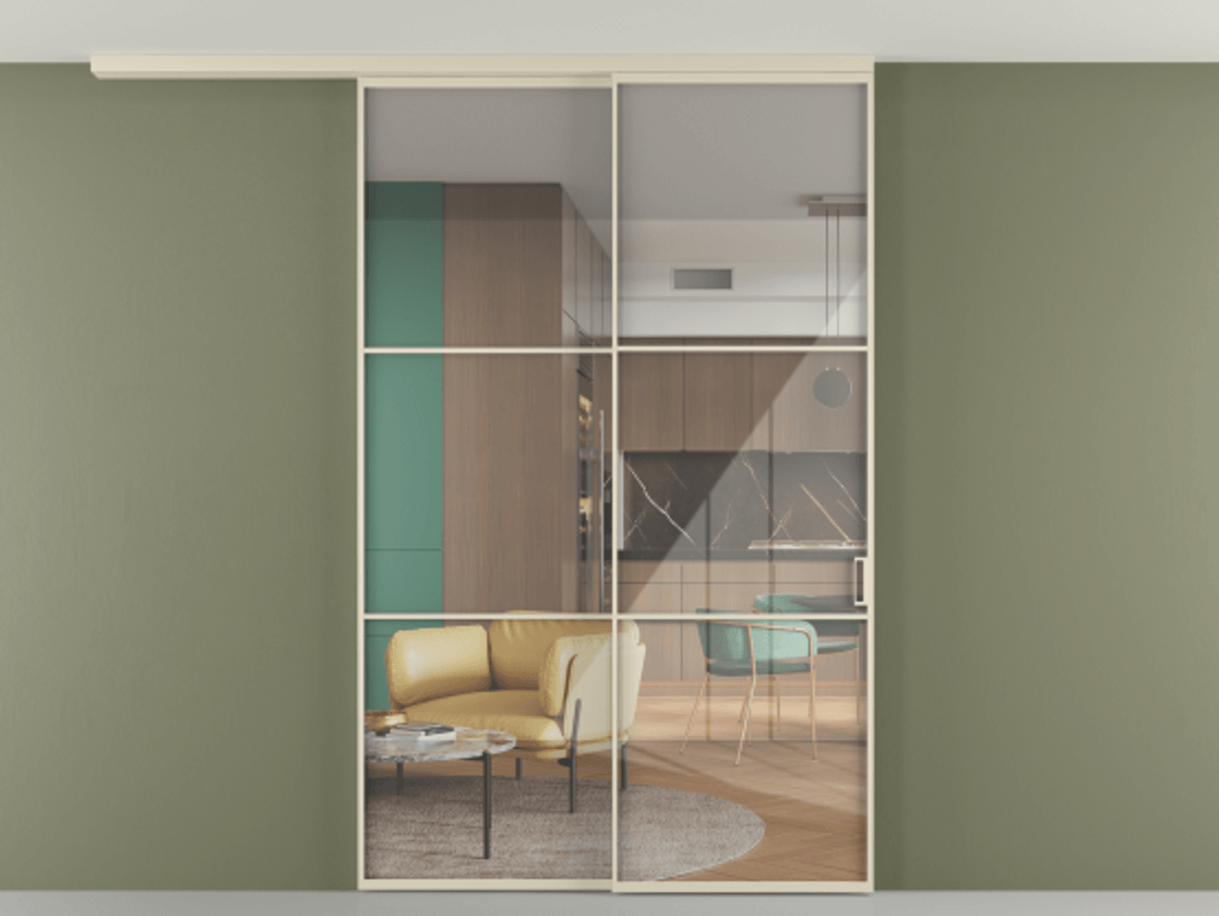 Перегородка Формато вдоль стены на потолок 2 створки с синхронным механизмом АЛПР 040.03 Алюминий бежево-серый Рефлективное прозрачное стекло "Стопсол", калёное Цена 2198267 ₸ | Volhovec