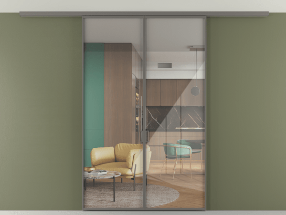 Перегородка Формато вдоль стены на потолок 2 створки АЛПР 040.01 Алюминий классический серый Рефлективное прозрачное стекло "Стопсол", калёное Цена 1754222 ₸ | Volhovec