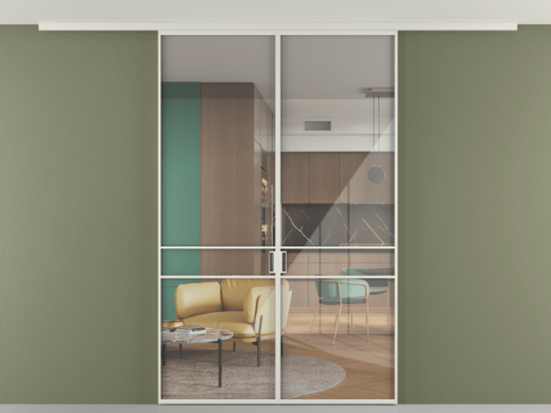 Перегородка Формато вдоль стены на потолок 2 створки АЛПР 040.02 Алюминий Белый Рефлективное прозрачное стекло "Стопсол", калёное Цена 1775844 ₸ | Volhovec