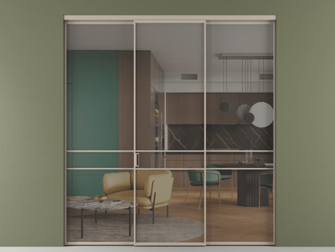 Перегородка Formato внутри проёма 3 створки АЛПР 040.02 Алюминий бисквитный Прозрачное серое стекло, триплекс Цена 1550890 ₸ | Volhovec