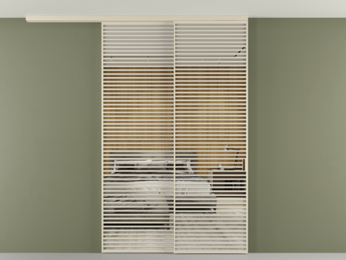 Перегородка Формато вдоль стены на потолок 2 створки с синхронным механизмом АЛПР 040.07 Алюминий бежево-серый Двустороннее зеркало, триплекс , триплекс 6 мм Цена 3981247 ₸ | Volhovec