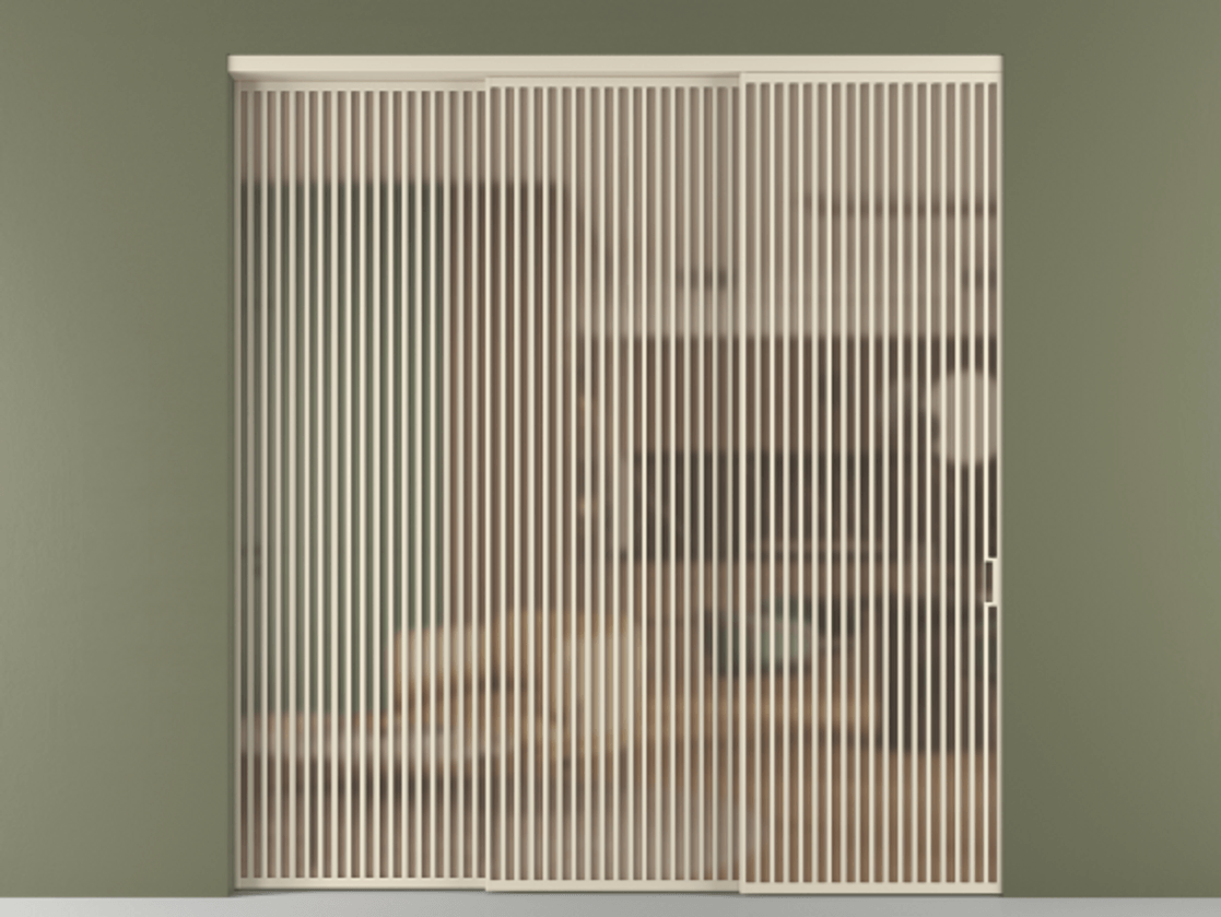 Перегородка Formato внутри проёма 3 створки с синхронным механизмом АЛПР 040.06 Алюминий бежево-серый Сатинированное оранжевое стекло, триплекс Цена 3617600 ₸  | Volhovec