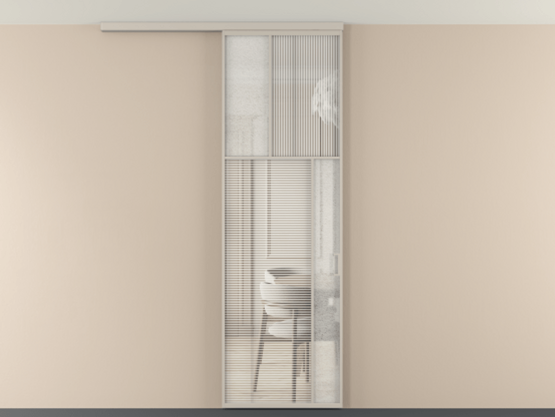 Перегородка Мозаик вдоль стены на потолок 1 створка АЛПР 041.23 Алюминий светло-бежевый Рифлёное стекло "Дюна", триплекс, 6 мм + Фактурное стекло "Лёд", триплекс Цена 1123718 ₸ | Volhovec