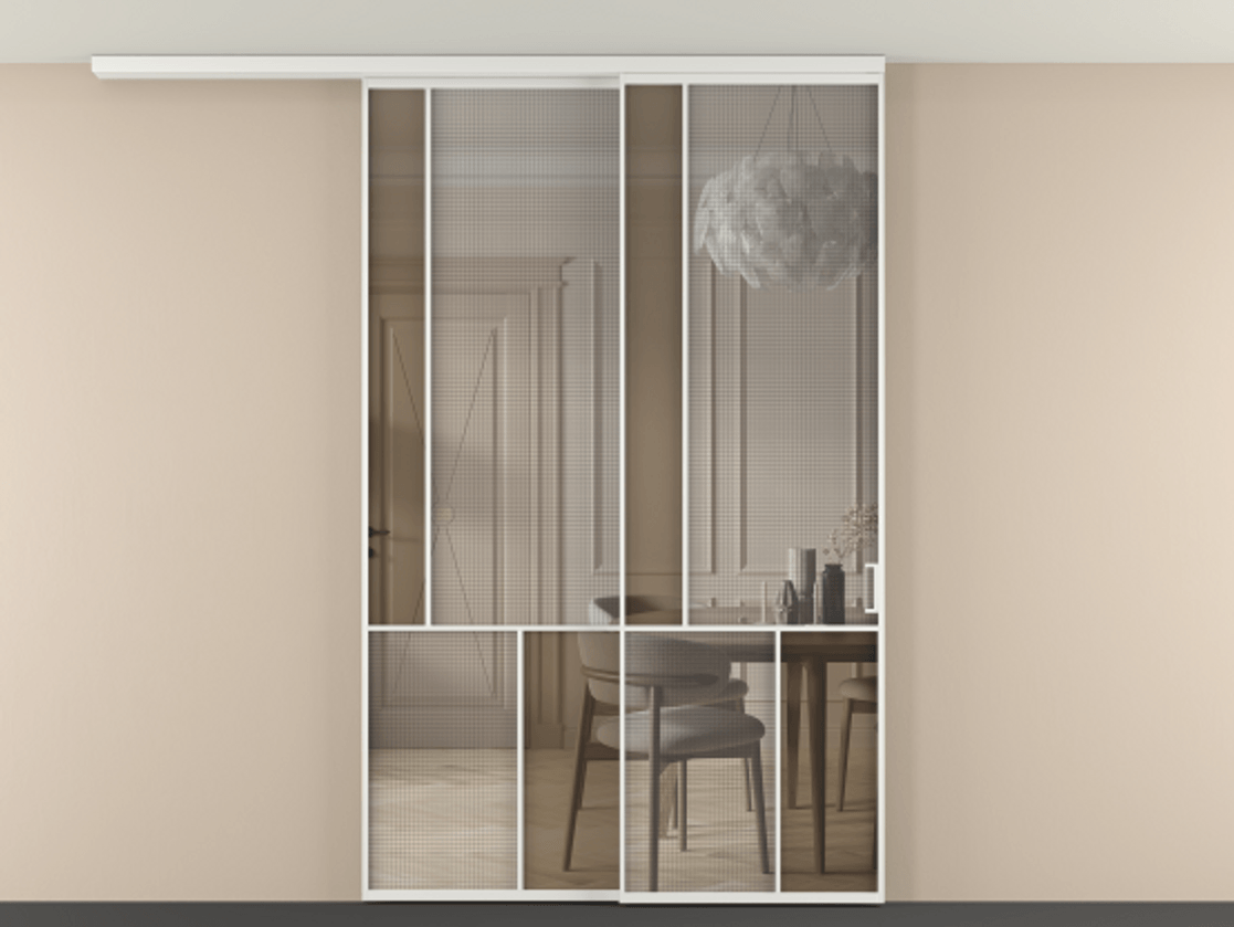 Перегородка Mosaic вдоль стены на потолок 2 створки с синхронным механизмом АЛПР 041.20 Алюминий белоснежный Декоративное стекло с сеткой "Mesh silver", триплекс, 6 мм + Прозрачное бронзовое стекло, триплекс. Цена 2234420 ₸ . Фабрика дверей Волховец 8 (800) 551 43 19 Перегородка Mosaic вдоль стены на потолок 2 створки с синхронным механизмом АЛПР 041.20 Алюминий белоснежный Декоративное стекло с сеткой "Mesh silver", триплекс, 6 мм + Прозрачное бронзовое стекло, триплекс Цена 2234420 ₸ | Volhovec