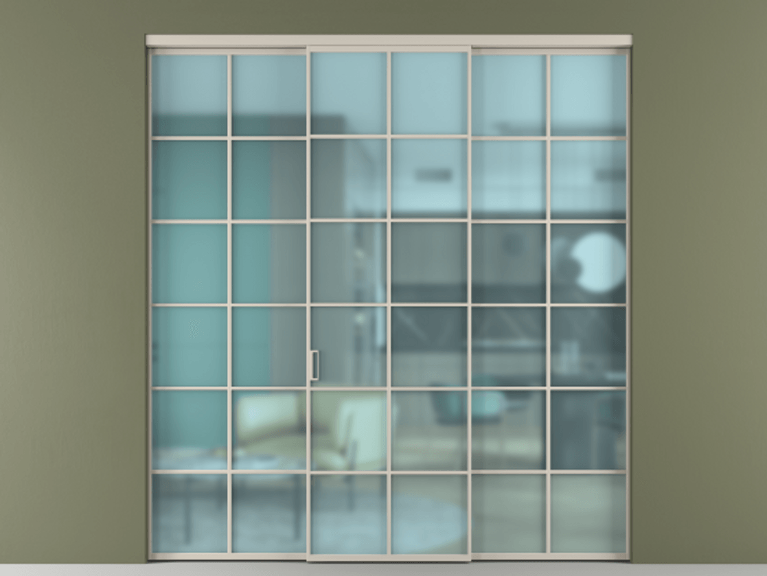 Перегородка Formato внутри проёма 3 створки АЛПР 040.05 Алюминий светло-бежевый Сатинированное голубое стекло, триплекс Цена 1667700 ₸ | Volhovec