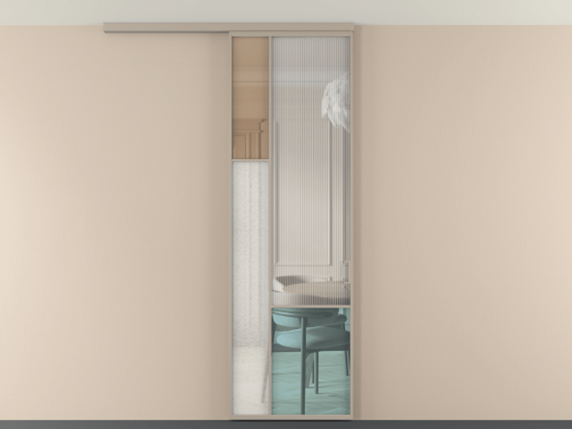 Перегородка Мозаик вдоль стены на потолок 1 створка АЛПР 041.13 Алюминий бисквитный Комбинация стекол Группы 1 и Группы 3 Цена 1066262 ₸ | Volhovec