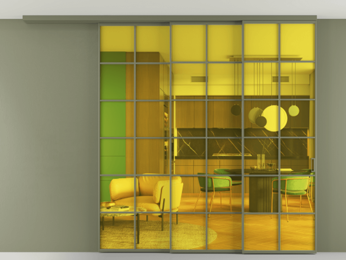 Перегородка Formato вдоль стены на потолок 3 створки с синхронным механизмом АЛПР 040.05 Алюминий оливковый тёмный Прозрачное жёлтое стекло, триплекс Цена 2601800 ₸ | Volhovec