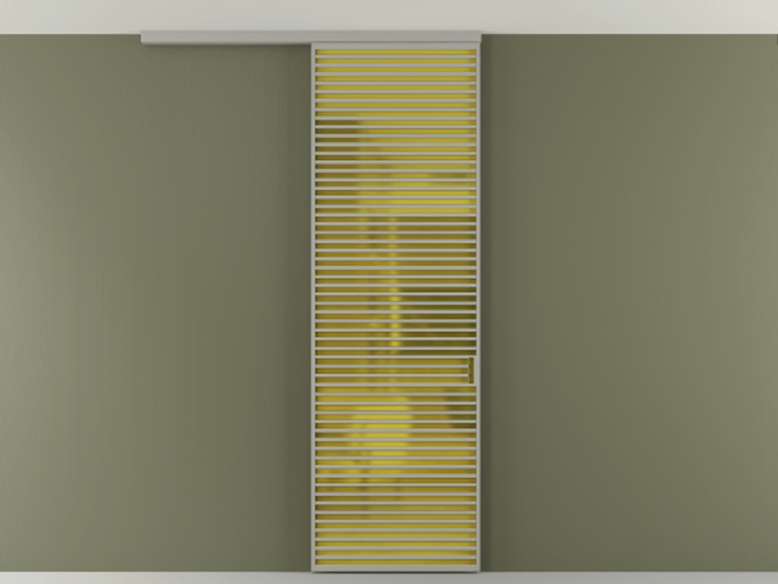 Перегородка Формато вдоль стены на потолок 1 створка АЛПР 040.07 Алюминий нейтральный серый Сатинированное жёлтое стекло, триплекс Цена 1343469 ₸ | Volhovec