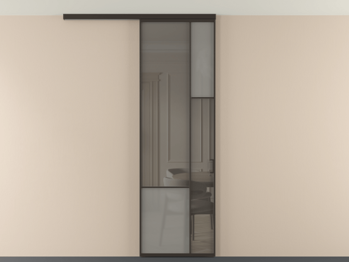 Перегородка Мозаик вдоль стены на потолок 1 створка АЛПР 041.12 Алюминий антрацит Сатинированное серое стекло, триплекс, 6 мм + Прозрачное серое стекло, триплекс Цена 1020902 ₸ | Volhovec