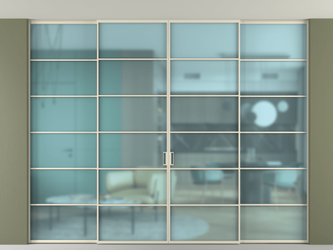 Межкомнатная дверь New Перегородка Formato внутри проёма четырёхстворчатая АЛПР 040.04 Алюминий бежево-серый Сатинированное голубое стекло, триплекс Цена 3023300  | Volhovec