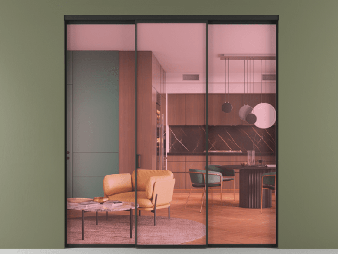 Перегородка Formato внутри проёма 3 створки АЛПР 040.01 Алюминий Черный Прозрачное розовое стекло, триплекс Цена 1411600 ₸ | Volhovec