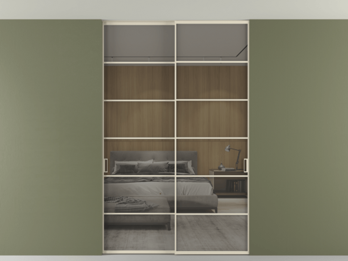 Перегородка Formato внутри проёма скрытое крепление в потолок 2 створки АЛПР 040.04 Алюминий бежево-серый Рефлективное серое стекло "Stopsol", калёное Цена 2439461 ₸ | Volhovec