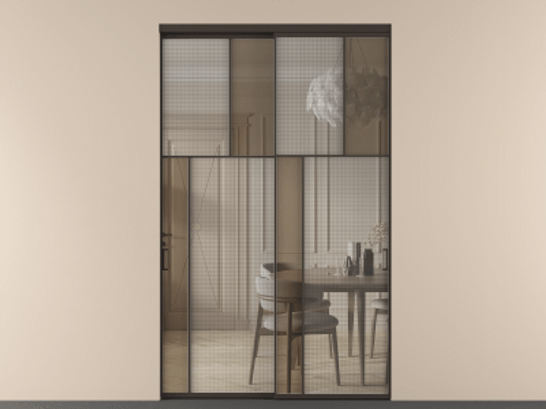 Перегородка Mosaic внутри проёма двустворчатая АЛПР 041.22 Алюминий антрацит Mesh silver + Бронза прозрачное триплекс Цена 1492860 ₸ | Volhovec